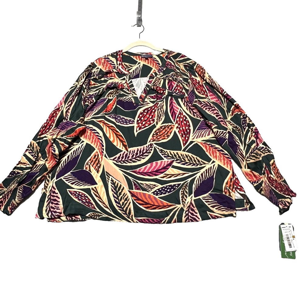 Boho Tropical Leaf Democracy Blouse Women 3X Green Multi Ruffle Smocked Top